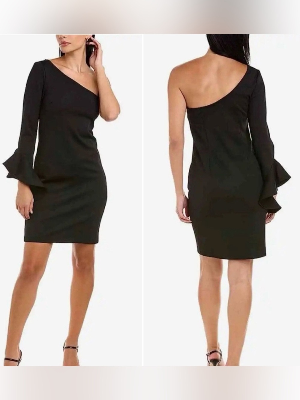NWT‎ Trina Turk Size 8 Kadinsky One Shoulder Bell Sleeve Dress Black $198 MSRP